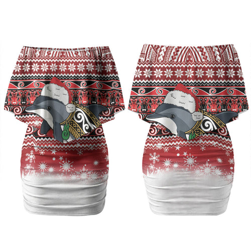 New Zealand Dolphin Terehu Christmas Family Matching Off Shoulder Short Dress and Hawaiian Shirt Maori Inspired Knitted Patterns