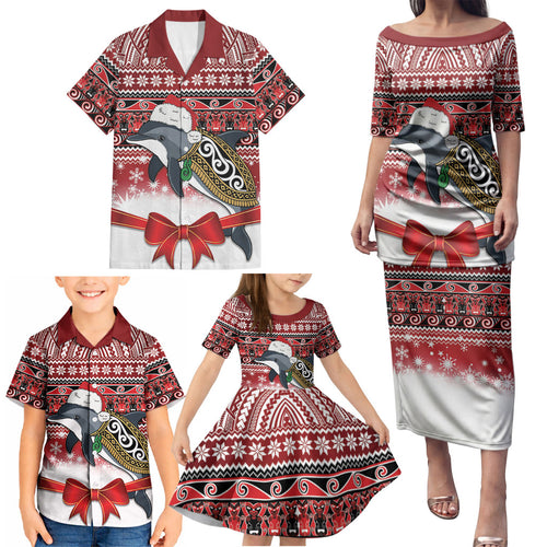 New Zealand Dolphin Terehu Christmas Family Matching Puletasi and Hawaiian Shirt Maori Inspired Knitted Patterns