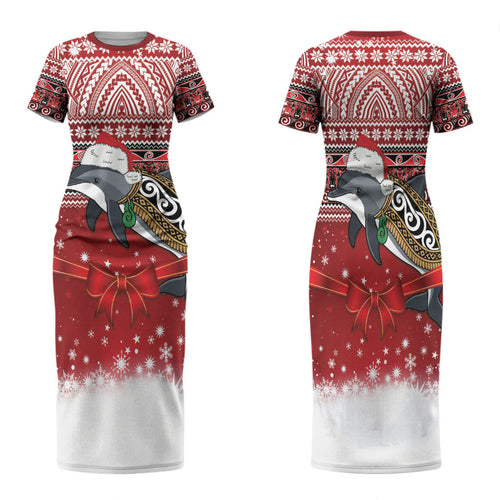 New Zealand Dolphin Terehu Christmas Family Matching Short Sleeve Bodycon Dress and Hawaiian Shirt Maori Inspired Knitted Patterns