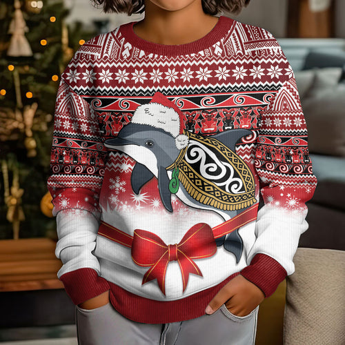 New Zealand Dolphin Terehu Christmas Kid Ugly Christmas Sweater Maori Inspired Knitted Patterns
