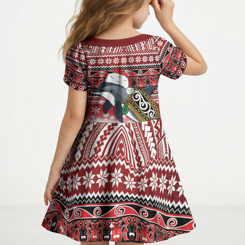 New Zealand Dolphin Terehu Christmas Kid Short Sleeve Dress Maori Inspired Knitted Patterns