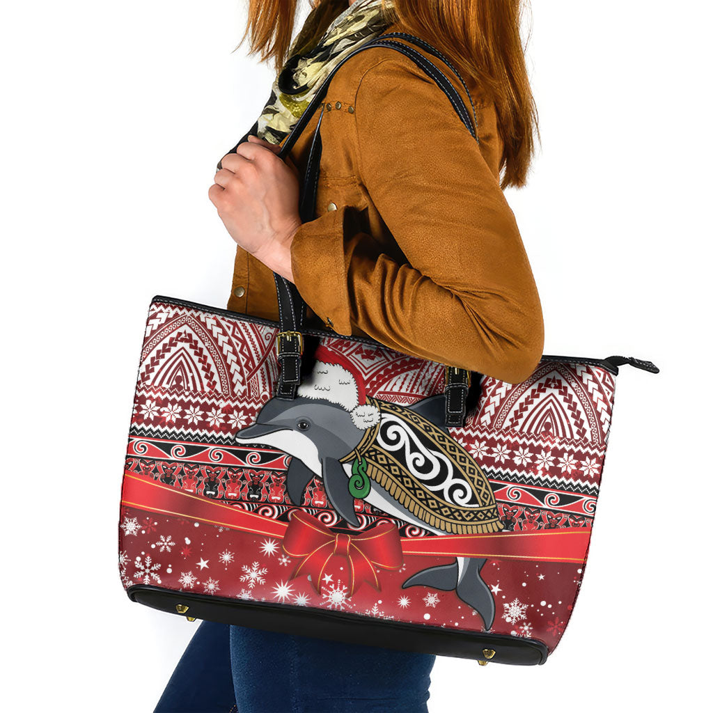 New Zealand Dolphin Terehu Christmas Leather Tote Bag Maori Inspired Knitted Patterns