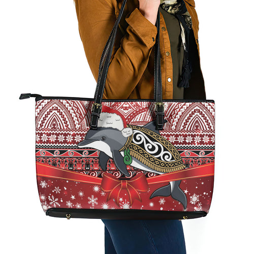 New Zealand Dolphin Terehu Christmas Leather Tote Bag Maori Inspired Knitted Patterns