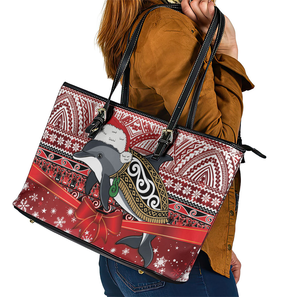 New Zealand Dolphin Terehu Christmas Leather Tote Bag Maori Inspired Knitted Patterns