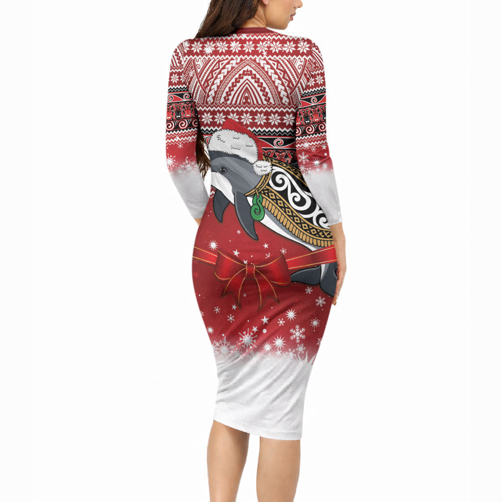 New Zealand Dolphin Terehu Christmas Long Sleeve Bodycon Dress Maori Inspired Knitted Patterns