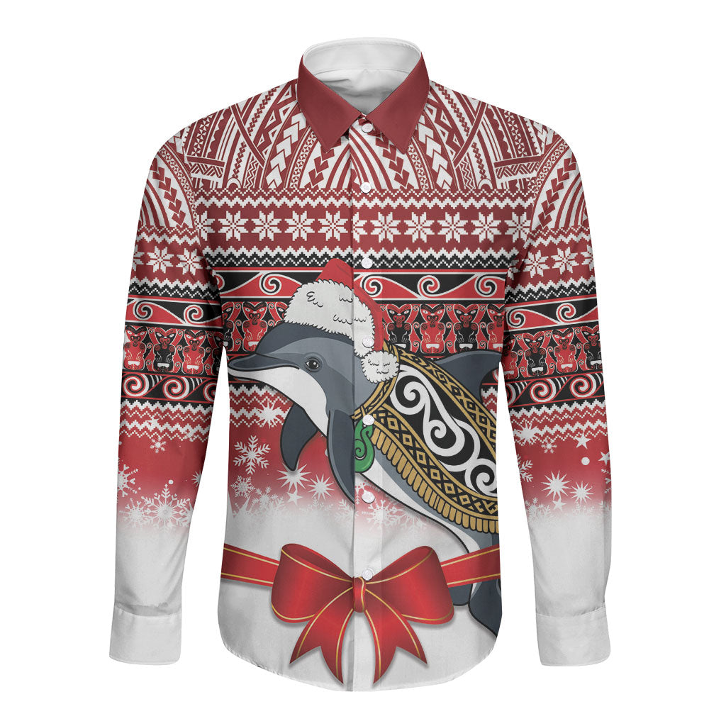 New Zealand Dolphin Terehu Christmas Long Sleeve Button Shirt Maori Inspired Knitted Patterns