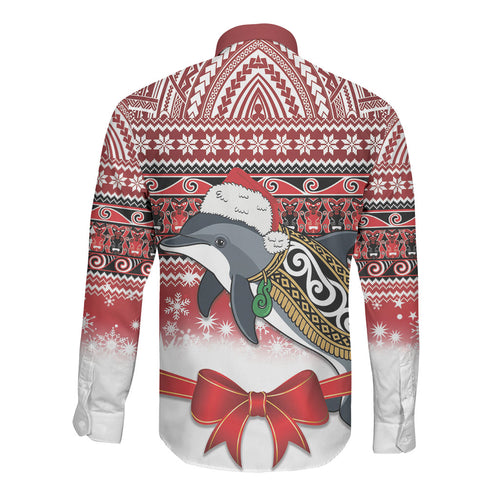 New Zealand Dolphin Terehu Christmas Long Sleeve Button Shirt Maori Inspired Knitted Patterns