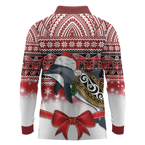 New Zealand Dolphin Terehu Christmas Long Sleeve Polo Shirt Maori Inspired Knitted Patterns