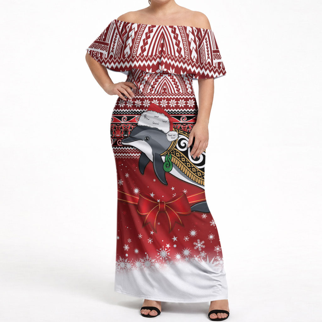 New Zealand Dolphin Terehu Christmas Off Shoulder Maxi Dress Maori Inspired Knitted Patterns