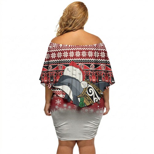 New Zealand Dolphin Terehu Christmas Off Shoulder Short Dress Maori Inspired Knitted Patterns