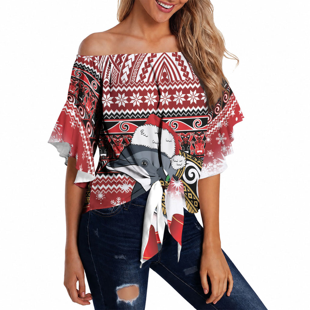 New Zealand Dolphin Terehu Christmas Off Shoulder Wrap Waist Top Maori Inspired Knitted Patterns