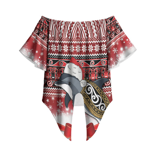 New Zealand Dolphin Terehu Christmas Off Shoulder Wrap Waist Top Maori Inspired Knitted Patterns