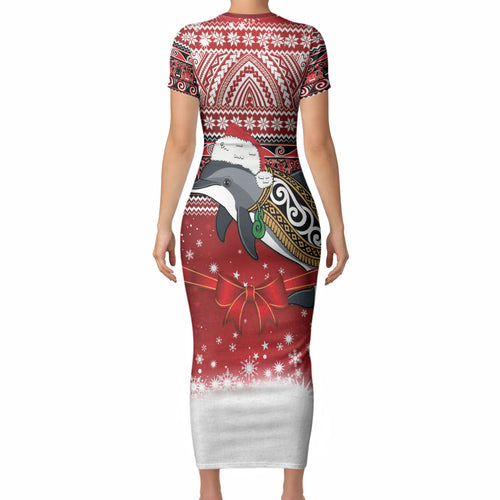 New Zealand Dolphin Terehu Christmas Short Sleeve Bodycon Dress Maori Inspired Knitted Patterns