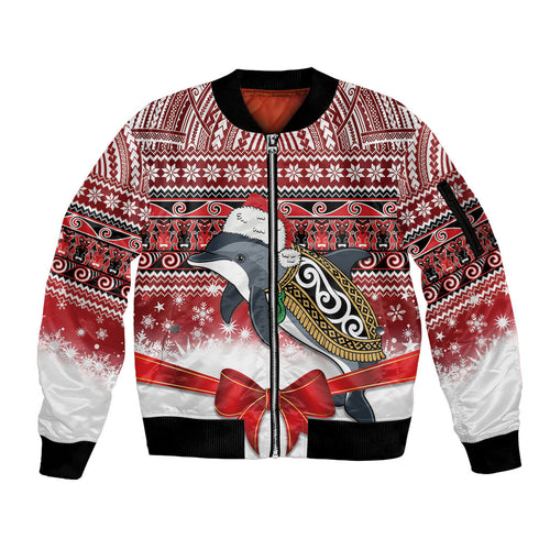 New Zealand Dolphin Terehu Christmas Sleeve Zip Bomber Jacket Maori Inspired Knitted Patterns