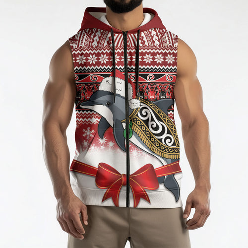New Zealand Dolphin Terehu Christmas Sleeveless Zip Hoodie Maori Inspired Knitted Patterns