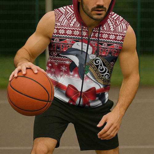 New Zealand Dolphin Terehu Christmas Sleeveless Zip Hoodie Maori Inspired Knitted Patterns