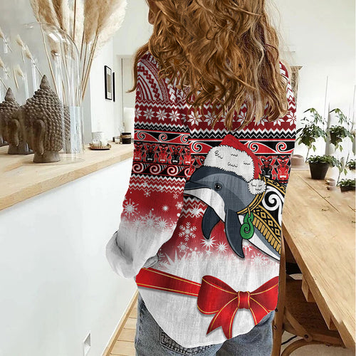 New Zealand Dolphin Terehu Christmas Women Casual Shirt Maori Inspired Knitted Patterns