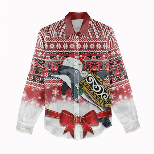 New Zealand Dolphin Terehu Christmas Women Casual Shirt Maori Inspired Knitted Patterns