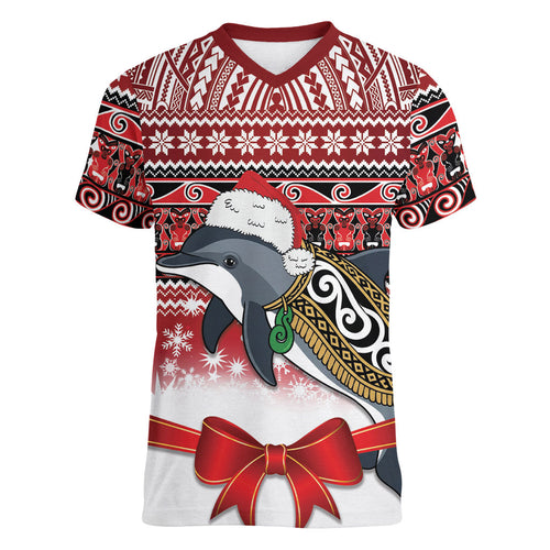 New Zealand Dolphin Terehu Christmas Women V-Neck T-Shirt Maori Inspired Knitted Patterns