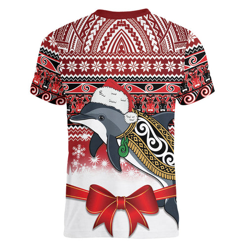 New Zealand Dolphin Terehu Christmas Women V-Neck T-Shirt Maori Inspired Knitted Patterns