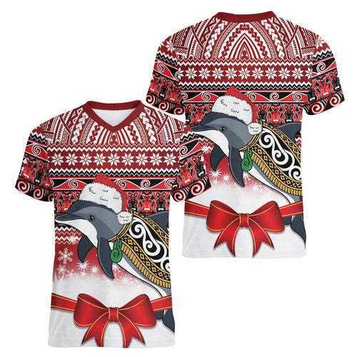 New Zealand Dolphin Terehu Christmas Women V-Neck T-Shirt Maori Inspired Knitted Patterns