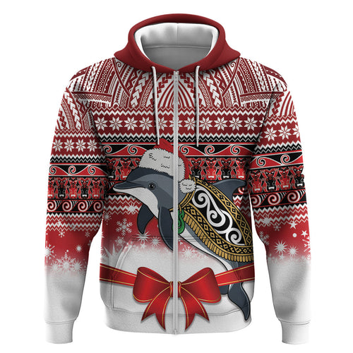 New Zealand Dolphin Terehu Christmas Zip Hoodie Maori Inspired Knitted Patterns
