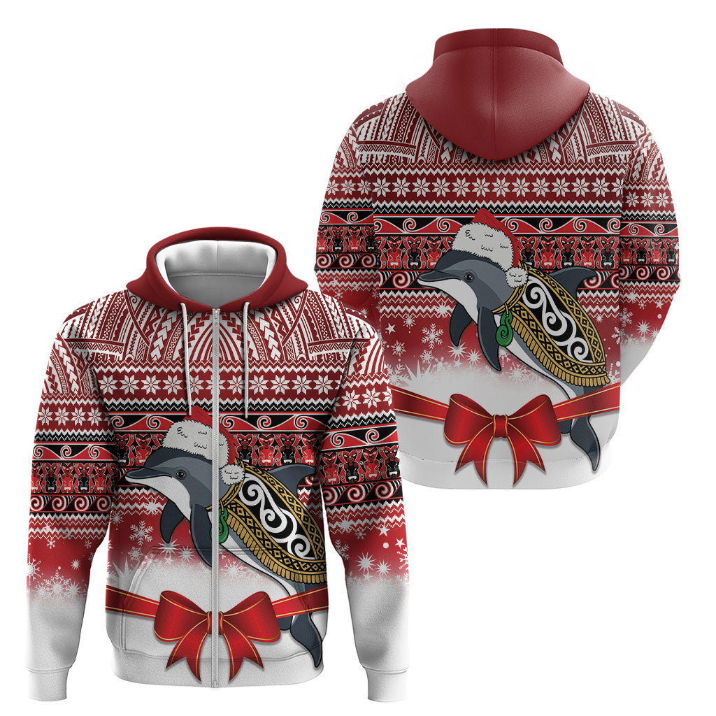New Zealand Dolphin Terehu Christmas Zip Hoodie Maori Inspired Knitted Patterns