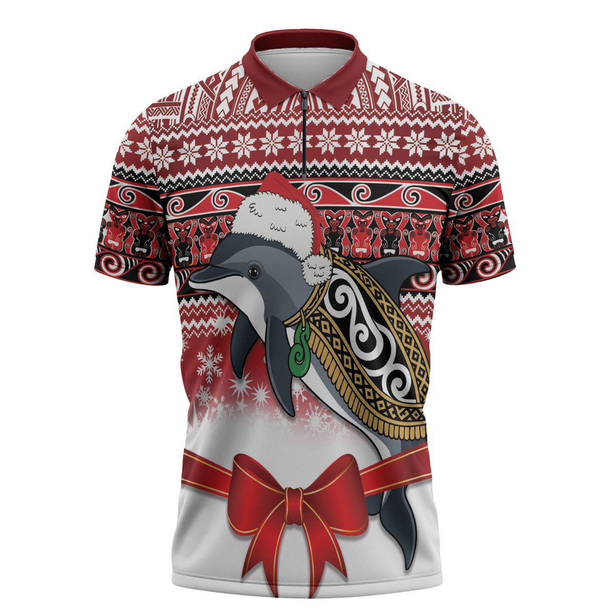 New Zealand Dolphin Terehu Christmas Zipper Polo Shirt Maori Inspired Knitted Patterns
