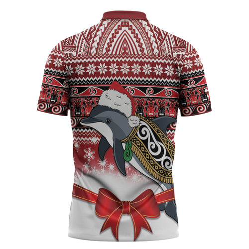New Zealand Dolphin Terehu Christmas Zipper Polo Shirt Maori Inspired Knitted Patterns
