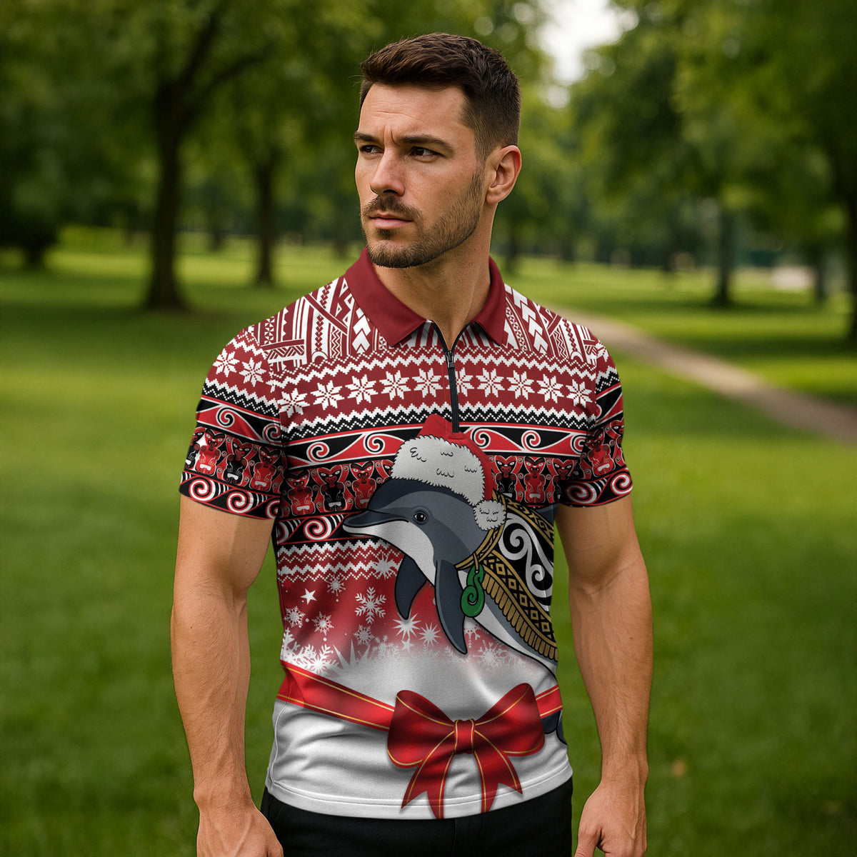 New Zealand Dolphin Terehu Christmas Zipper Polo Shirt Maori Inspired Knitted Patterns