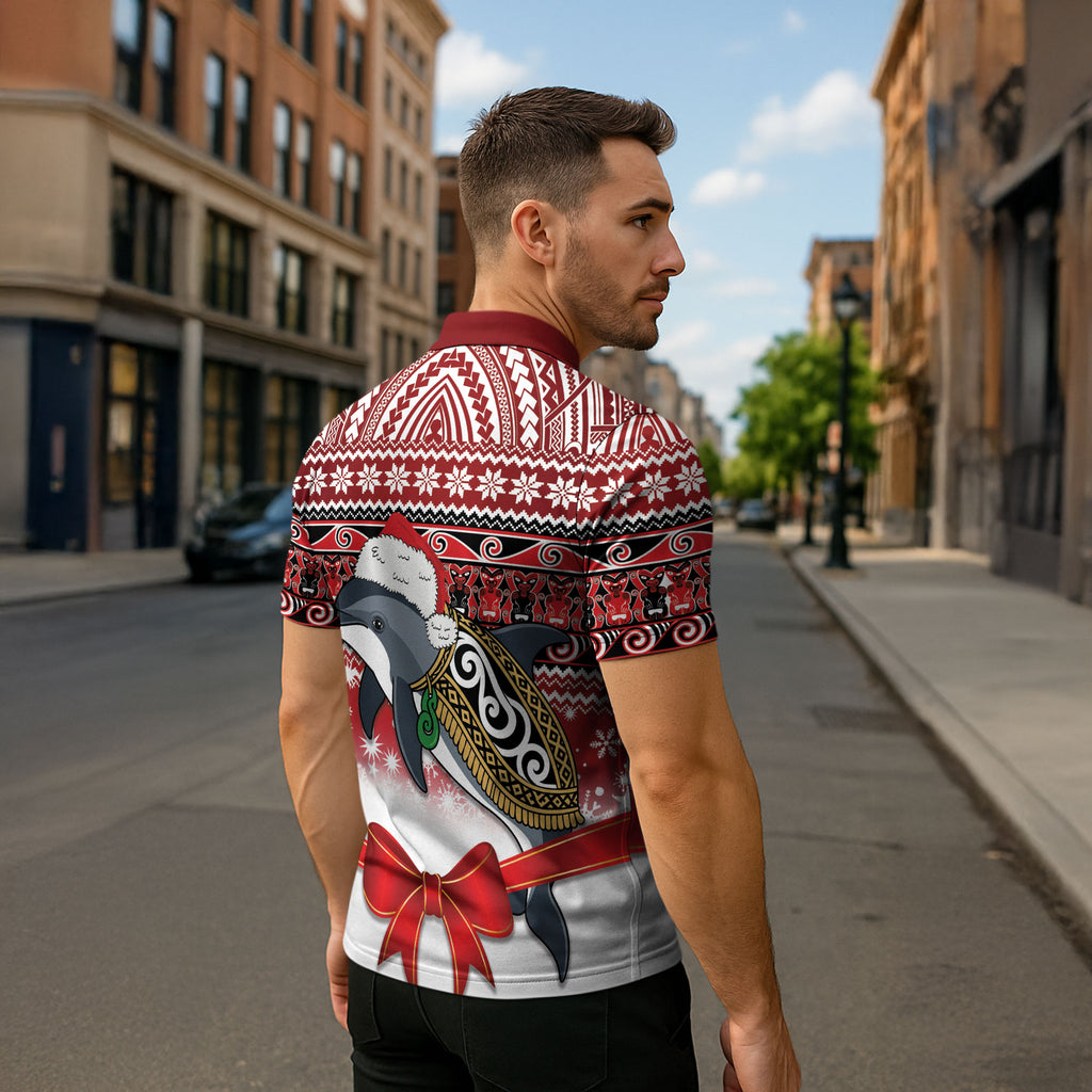 New Zealand Dolphin Terehu Christmas Zipper Polo Shirt Maori Inspired Knitted Patterns