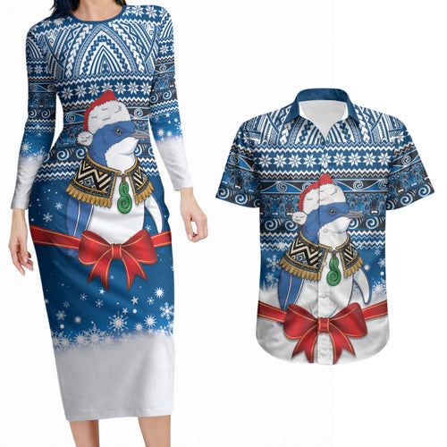New Zealand Fairy Penguin Korora Christmas Couples Matching Long Sleeve Bodycon Dress and Hawaiian Shirt Maori Inspired Knitted Patterns