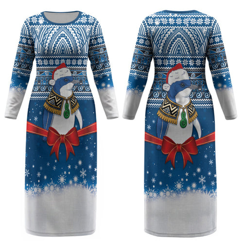 New Zealand Fairy Penguin Korora Christmas Couples Matching Long Sleeve Bodycon Dress and Hawaiian Shirt Maori Inspired Knitted Patterns