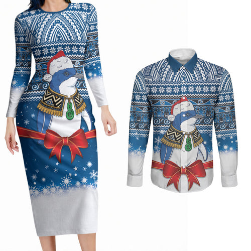 New Zealand Fairy Penguin Korora Christmas Couples Matching Long Sleeve Bodycon Dress and Long Sleeve Button Shirt Maori Inspired Knitted Patterns
