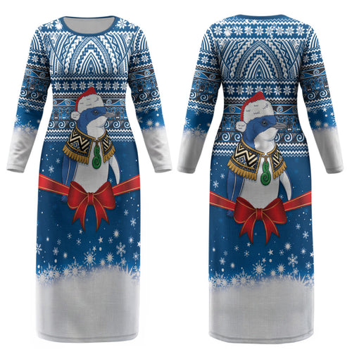 New Zealand Fairy Penguin Korora Christmas Couples Matching Long Sleeve Bodycon Dress and Long Sleeve Button Shirt Maori Inspired Knitted Patterns