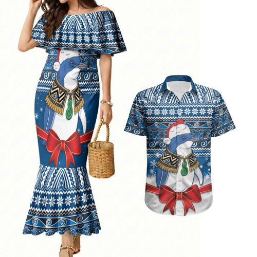 New Zealand Fairy Penguin Korora Christmas Couples Matching Mermaid Dress and Hawaiian Shirt Maori Inspired Knitted Patterns