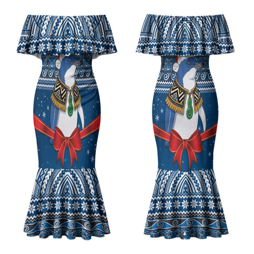 New Zealand Fairy Penguin Korora Christmas Couples Matching Mermaid Dress and Hawaiian Shirt Maori Inspired Knitted Patterns