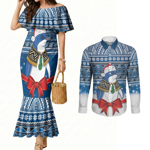 New Zealand Fairy Penguin Korora Christmas Couples Matching Mermaid Dress and Long Sleeve Button Shirt Maori Inspired Knitted Patterns