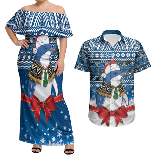 New Zealand Fairy Penguin Korora Christmas Couples Matching Off Shoulder Maxi Dress and Hawaiian Shirt Maori Inspired Knitted Patterns