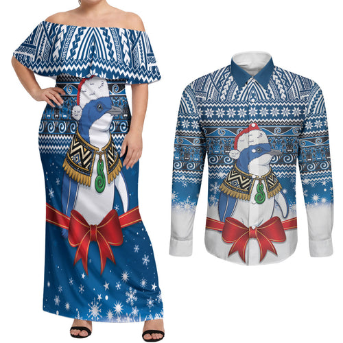 New Zealand Fairy Penguin Korora Christmas Couples Matching Off Shoulder Maxi Dress and Long Sleeve Button Shirt Maori Inspired Knitted Patterns