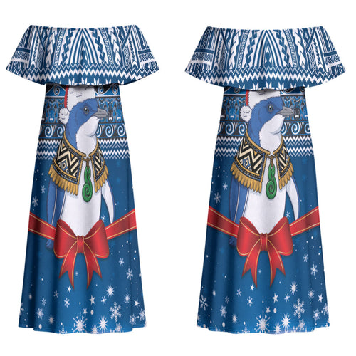 New Zealand Fairy Penguin Korora Christmas Couples Matching Off Shoulder Maxi Dress and Long Sleeve Button Shirt Maori Inspired Knitted Patterns