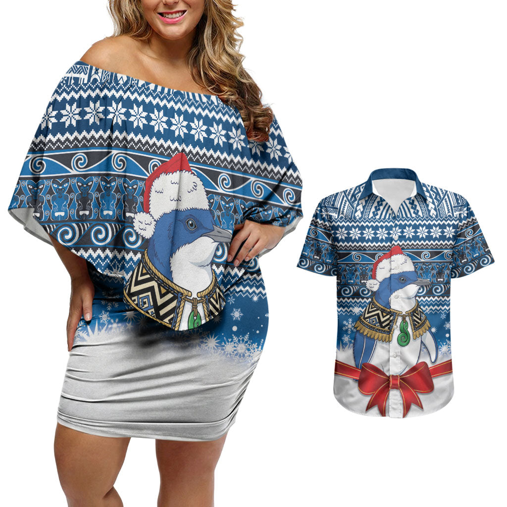 New Zealand Fairy Penguin Korora Christmas Couples Matching Off Shoulder Short Dress and Hawaiian Shirt Maori Inspired Knitted Patterns