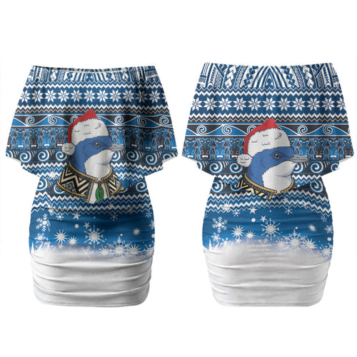 New Zealand Fairy Penguin Korora Christmas Couples Matching Off Shoulder Short Dress and Hawaiian Shirt Maori Inspired Knitted Patterns
