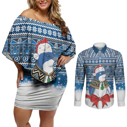 New Zealand Fairy Penguin Korora Christmas Couples Matching Off Shoulder Short Dress and Long Sleeve Button Shirt Maori Inspired Knitted Patterns