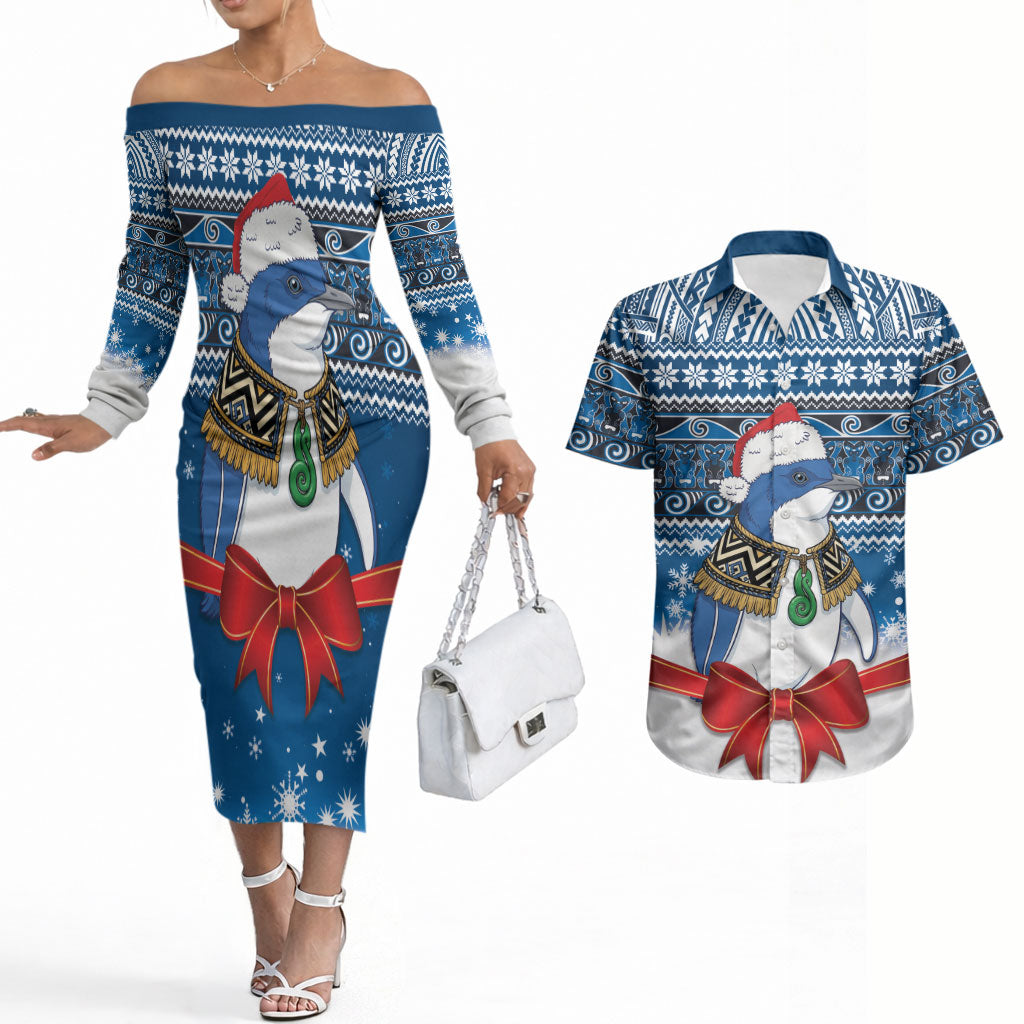 New Zealand Fairy Penguin Korora Christmas Couples Matching Off The Shoulder Long Sleeve Dress and Hawaiian Shirt Maori Inspired Knitted Patterns