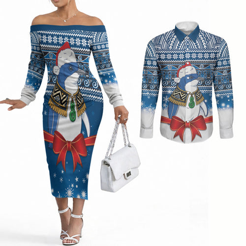 New Zealand Fairy Penguin Korora Christmas Couples Matching Off The Shoulder Long Sleeve Dress and Long Sleeve Button Shirt Maori Inspired Knitted Patterns