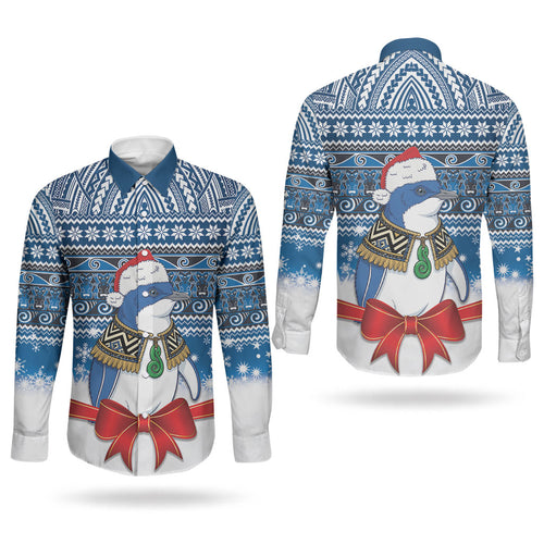 New Zealand Fairy Penguin Korora Christmas Couples Matching Off The Shoulder Long Sleeve Dress and Long Sleeve Button Shirt Maori Inspired Knitted Patterns