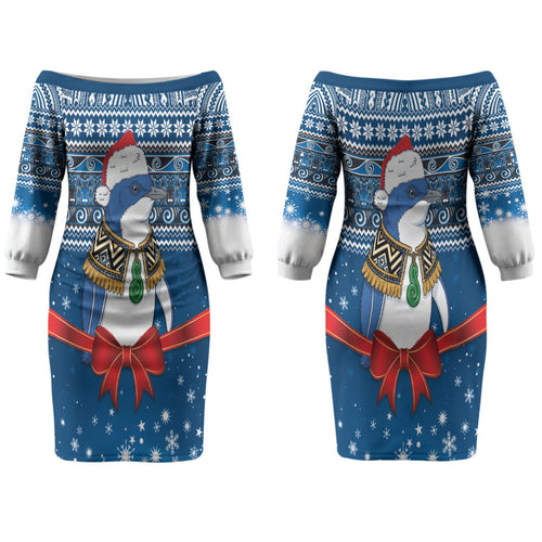 New Zealand Fairy Penguin Korora Christmas Couples Matching Off The Shoulder Long Sleeve Dress and Long Sleeve Button Shirt Maori Inspired Knitted Patterns