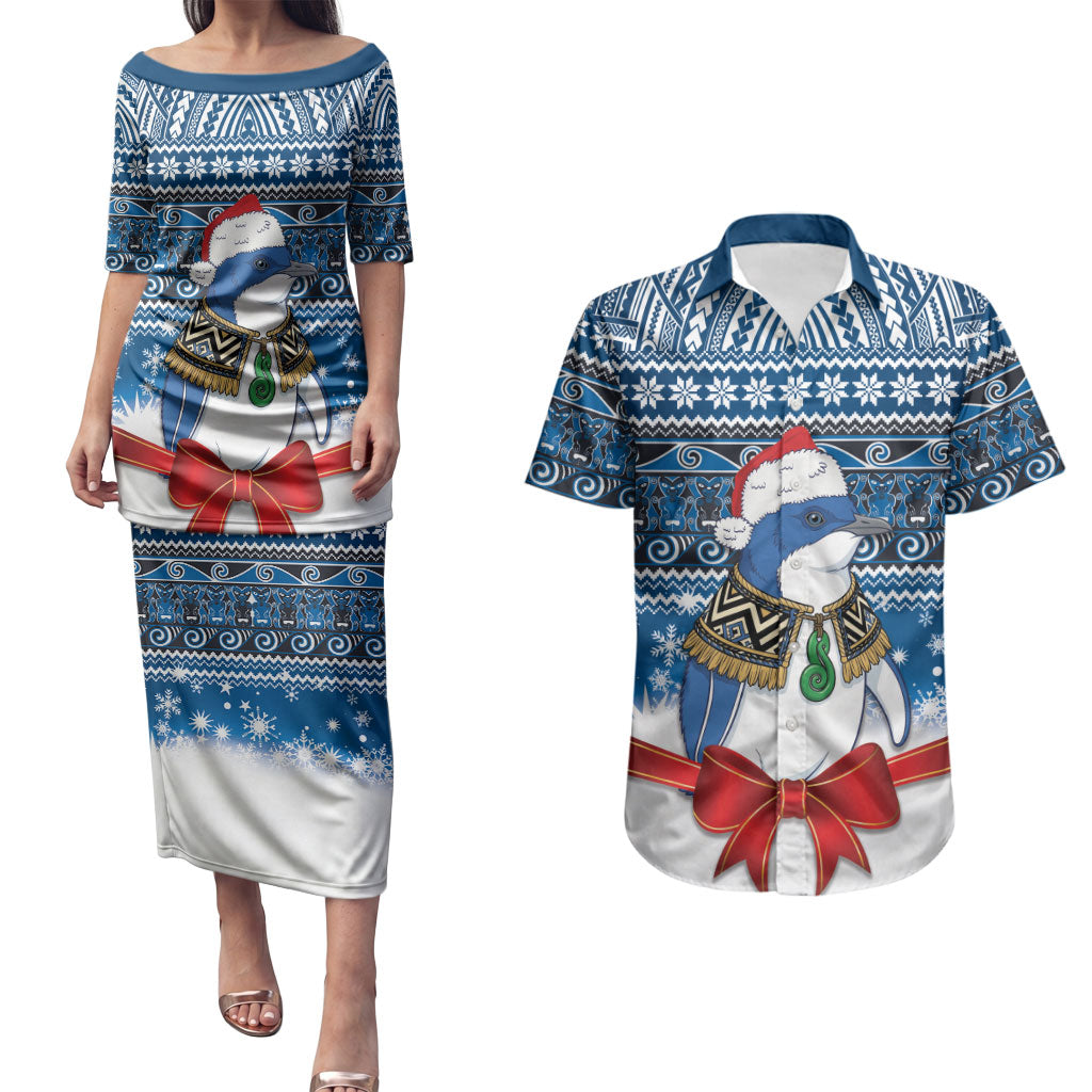 New Zealand Fairy Penguin Korora Christmas Couples Matching Puletasi and Hawaiian Shirt Maori Inspired Knitted Patterns