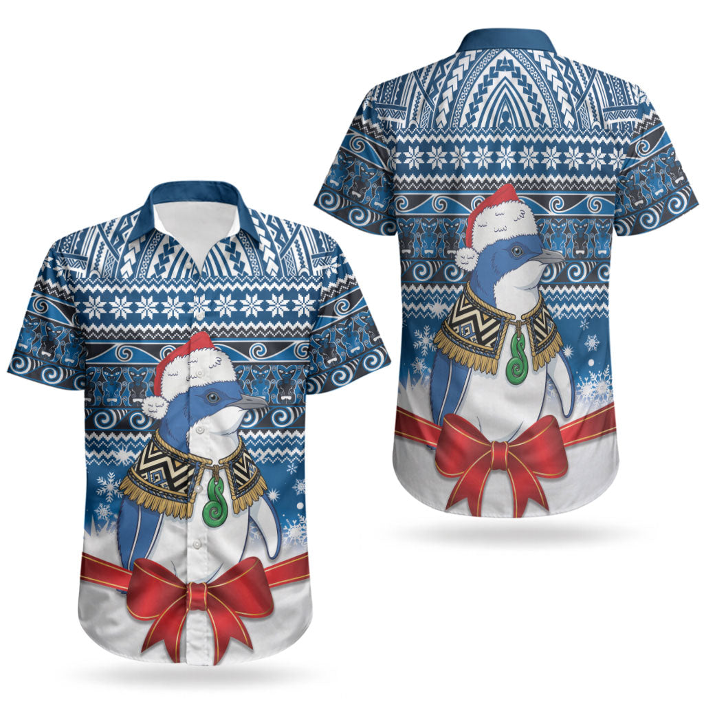 New Zealand Fairy Penguin Korora Christmas Couples Matching Puletasi and Hawaiian Shirt Maori Inspired Knitted Patterns